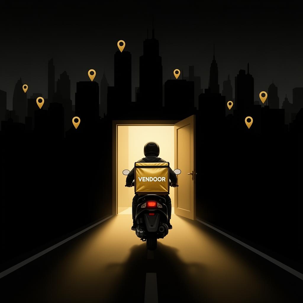 Vendoor delivery rider entering a glowing door at night